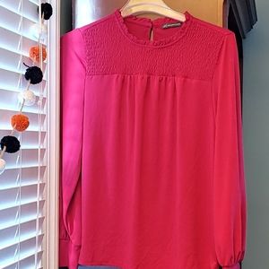 Red smocked neck dress shirt